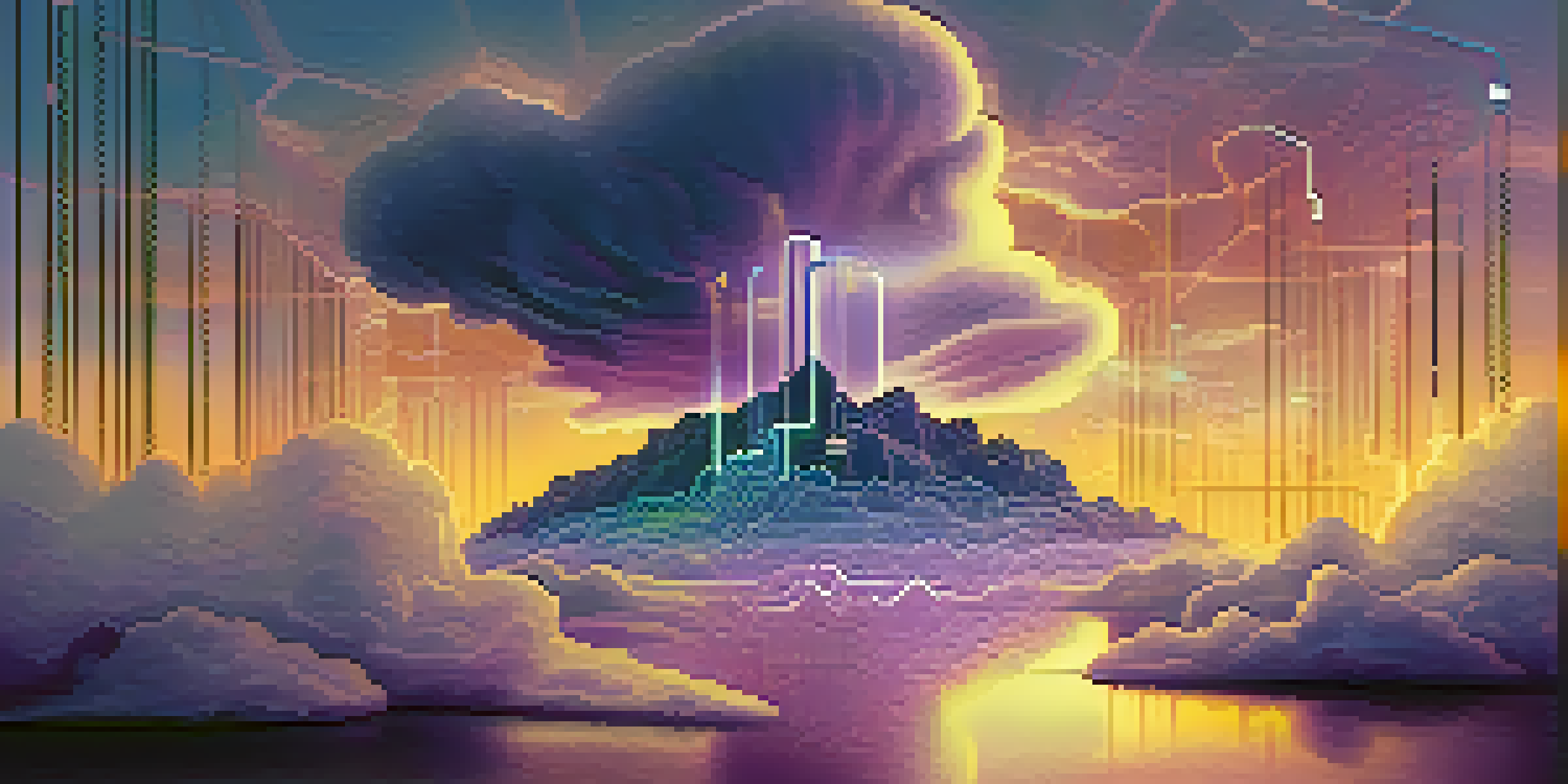 A digital landscape featuring a cloud with a glowing lock symbol, illustrating data encryption in a serene atmosphere.