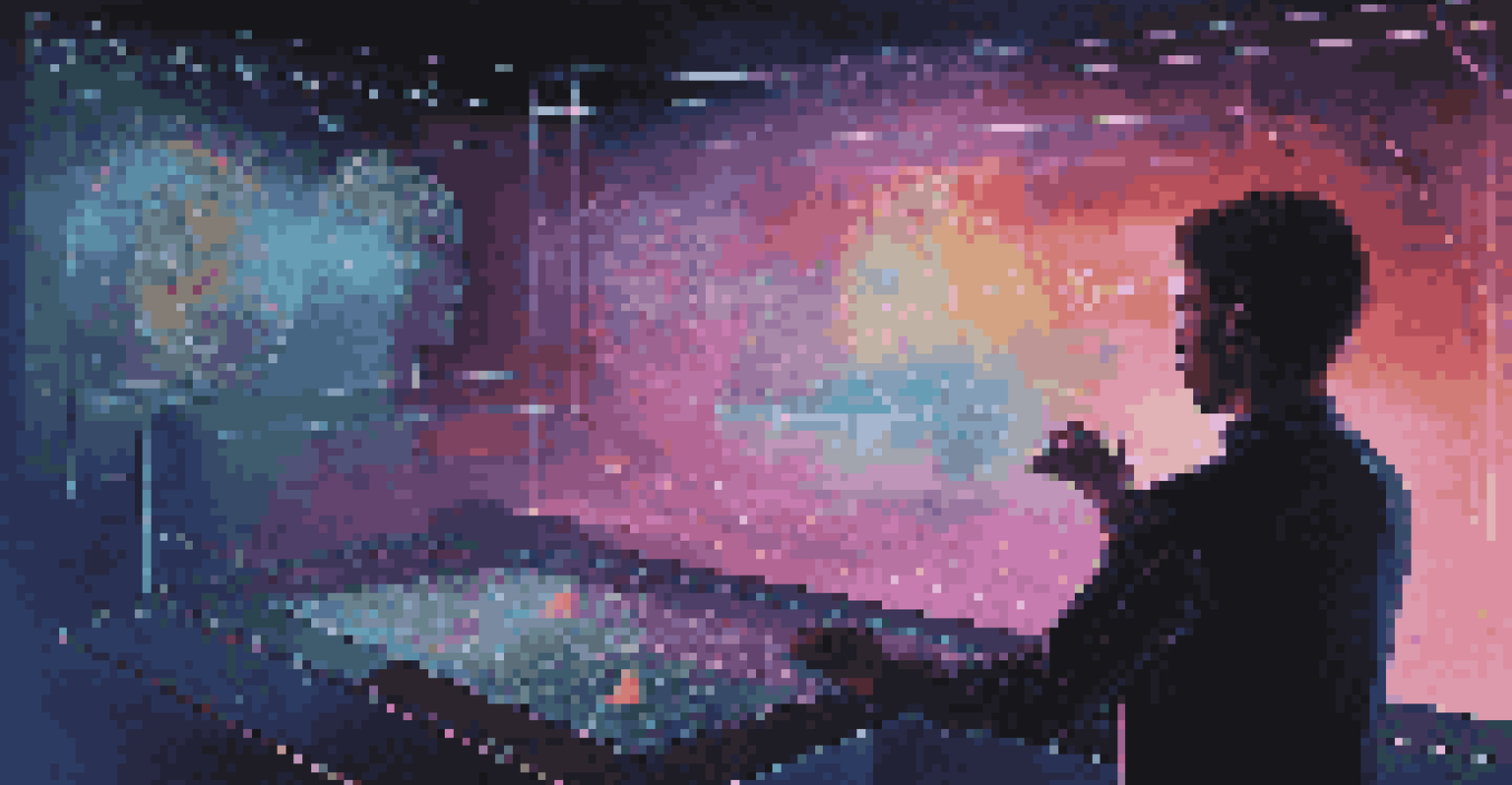 A user interacting with futuristic holographic data visualizations in a dark setting filled with bright neon colors.