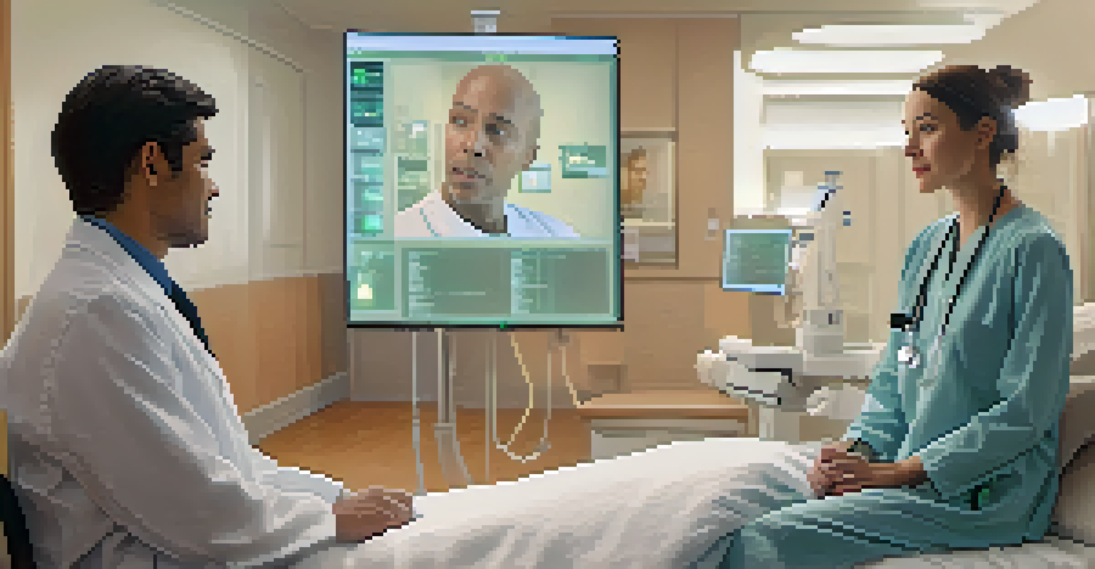 A patient consulting with a doctor in a warm healthcare environment, with an AI interface displaying personalized treatment options in the background.