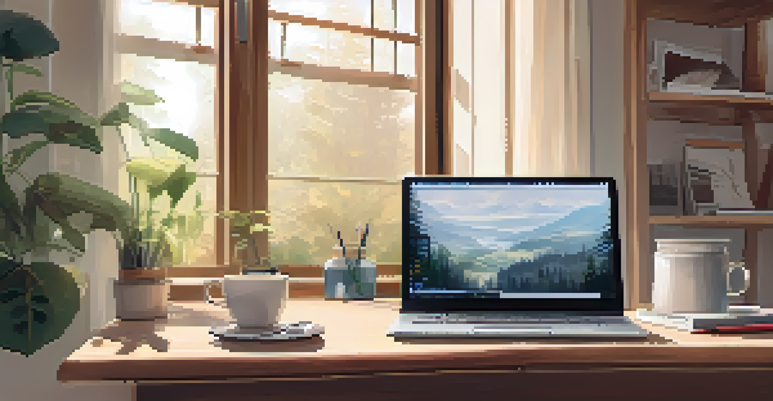 A cozy workspace with a laptop showing a voice user interface development program, alongside sketches and a coffee mug.