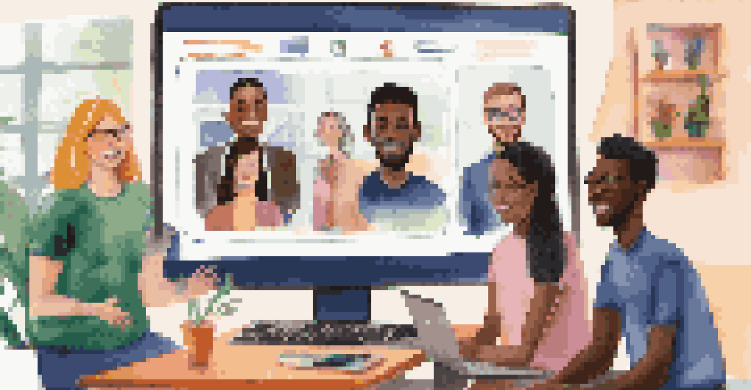A diverse group of team members participating in a virtual meeting on a laptop in a modern living room filled with natural light.