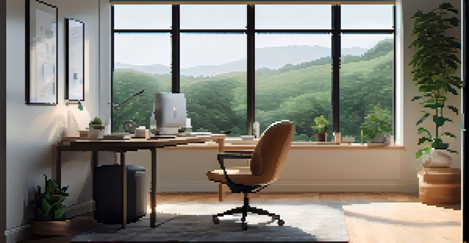 A remote work office with ergonomic furniture, smart devices, and adjustable lighting, showcasing a peaceful work environment.