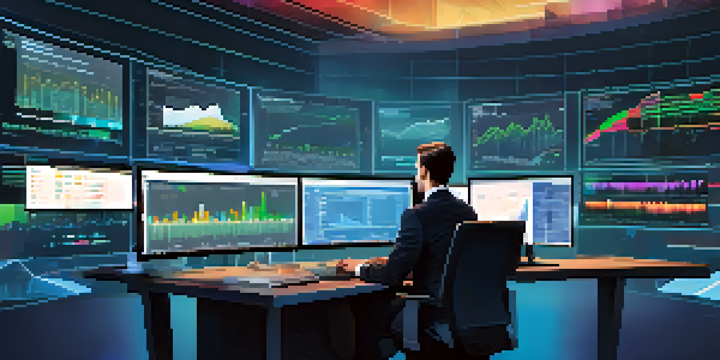 A financial analyst at a desk with multiple screens, analyzing colorful graphs and data in a softly lit room.