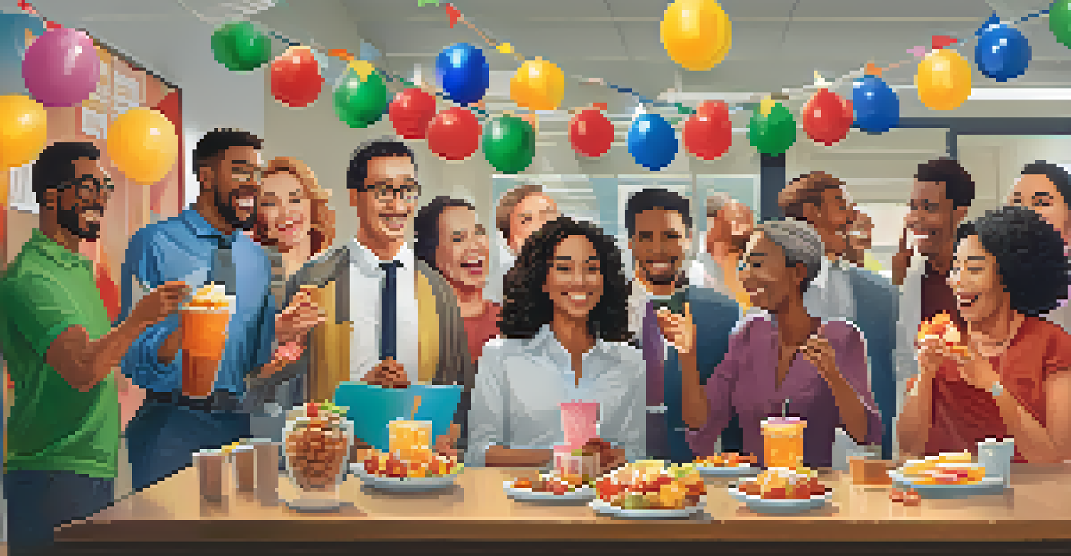 A joyful office celebration with employees gathered around a table, smiling and celebrating a milestone achievement.