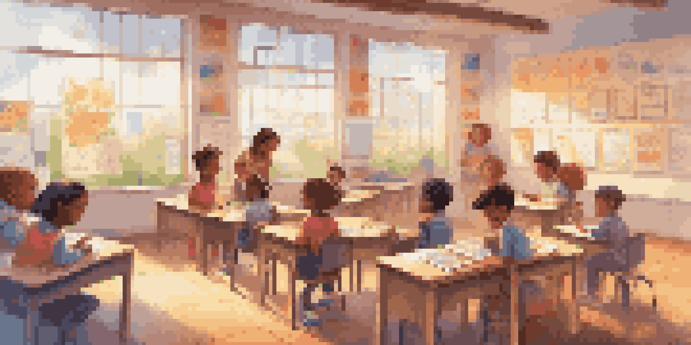 A bright classroom filled with children of various backgrounds participating in educational games on tablets, surrounded by colorful decorations.