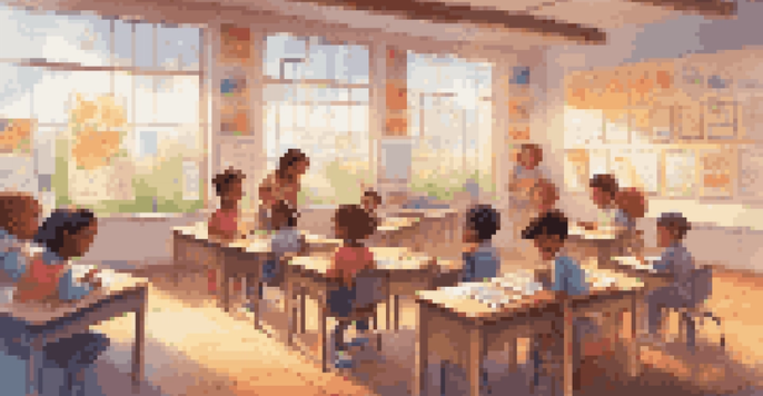 A bright classroom filled with children of various backgrounds participating in educational games on tablets, surrounded by colorful decorations.