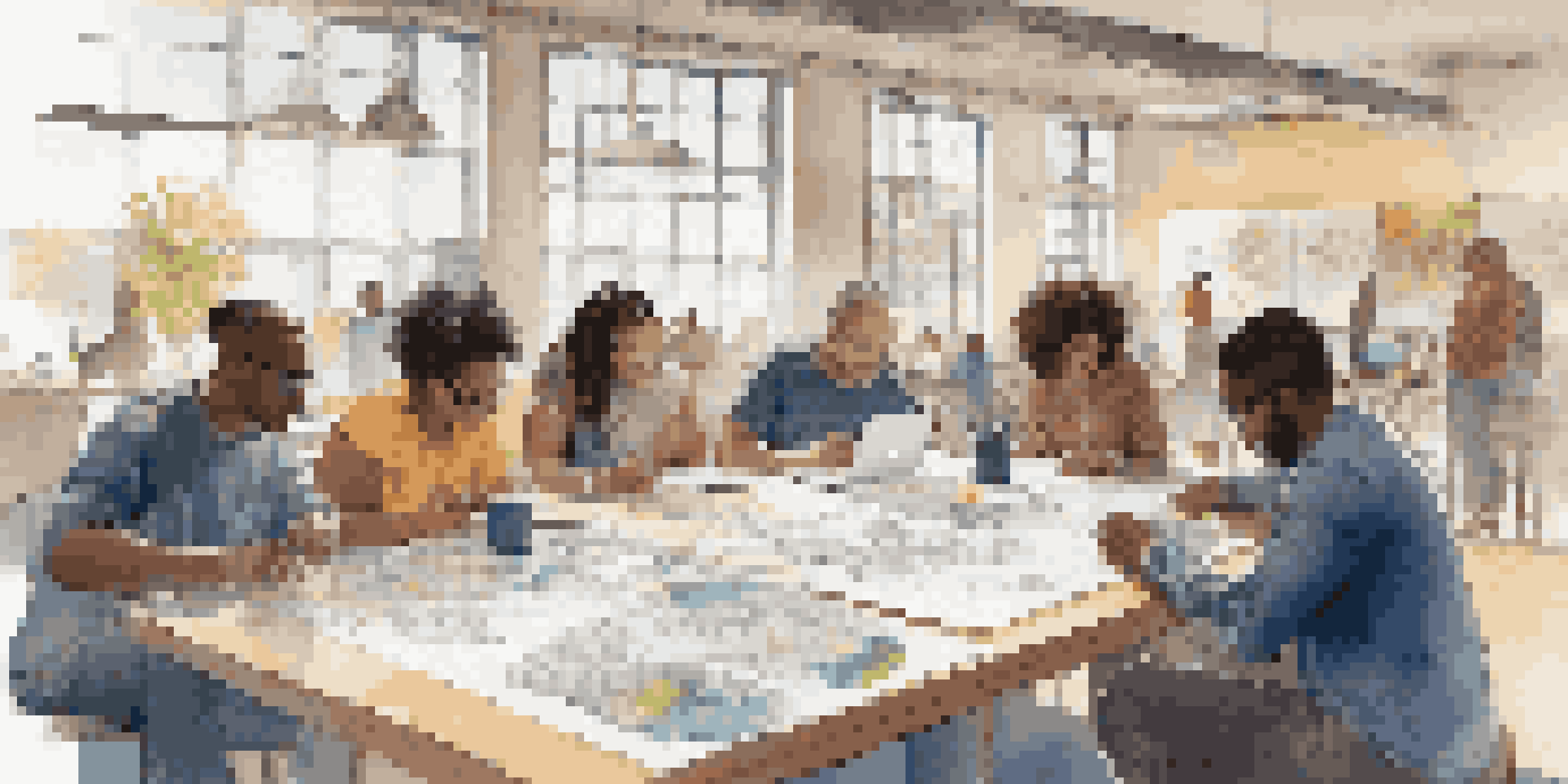 A community workshop with diverse individuals collaborating on a digital tool, surrounded by sketches and devices, in a well-lit room.