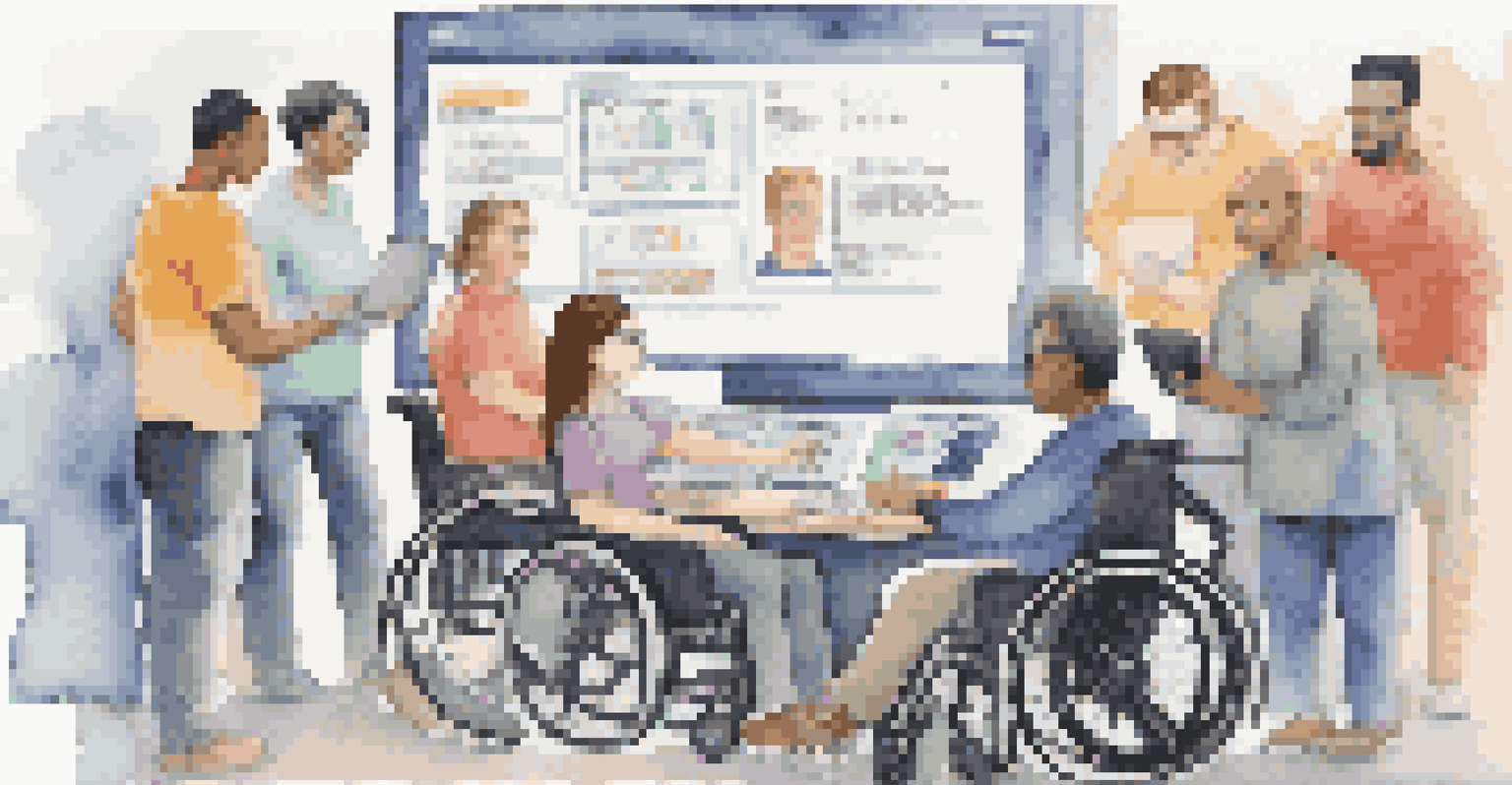 An illustration of accessibility features in software design, with a computer screen displaying features like screen readers, surrounded by diverse users, including individuals with disabilities, using technology.