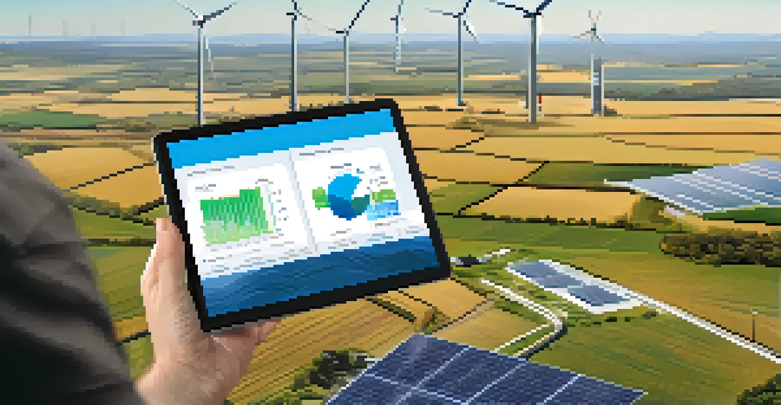 A technician analyzing maintenance data in front of a power plant with wind turbines and solar panels.