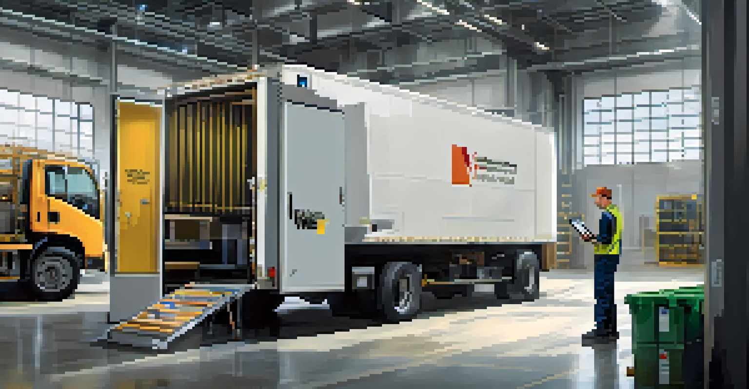 A technician servicing a delivery truck in an industrial facility, using a tablet to check performance metrics.