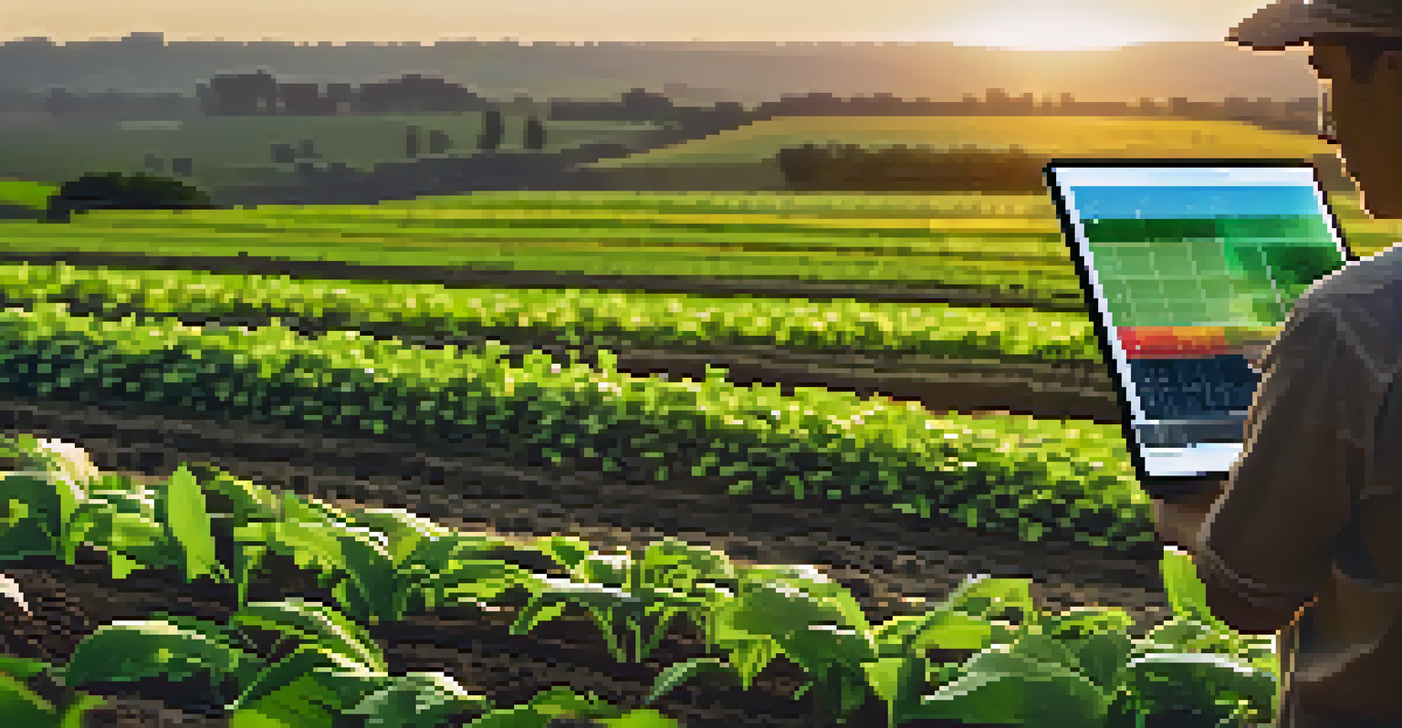 An agricultural field with smart sensors and a farmer using a tablet to monitor crop health at sunset.