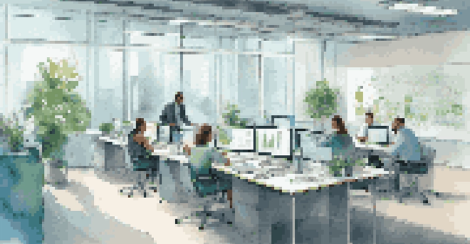 A bright office environment where a diverse group of professionals engage in a collaborative meeting, surrounded by data visuals and greenery.