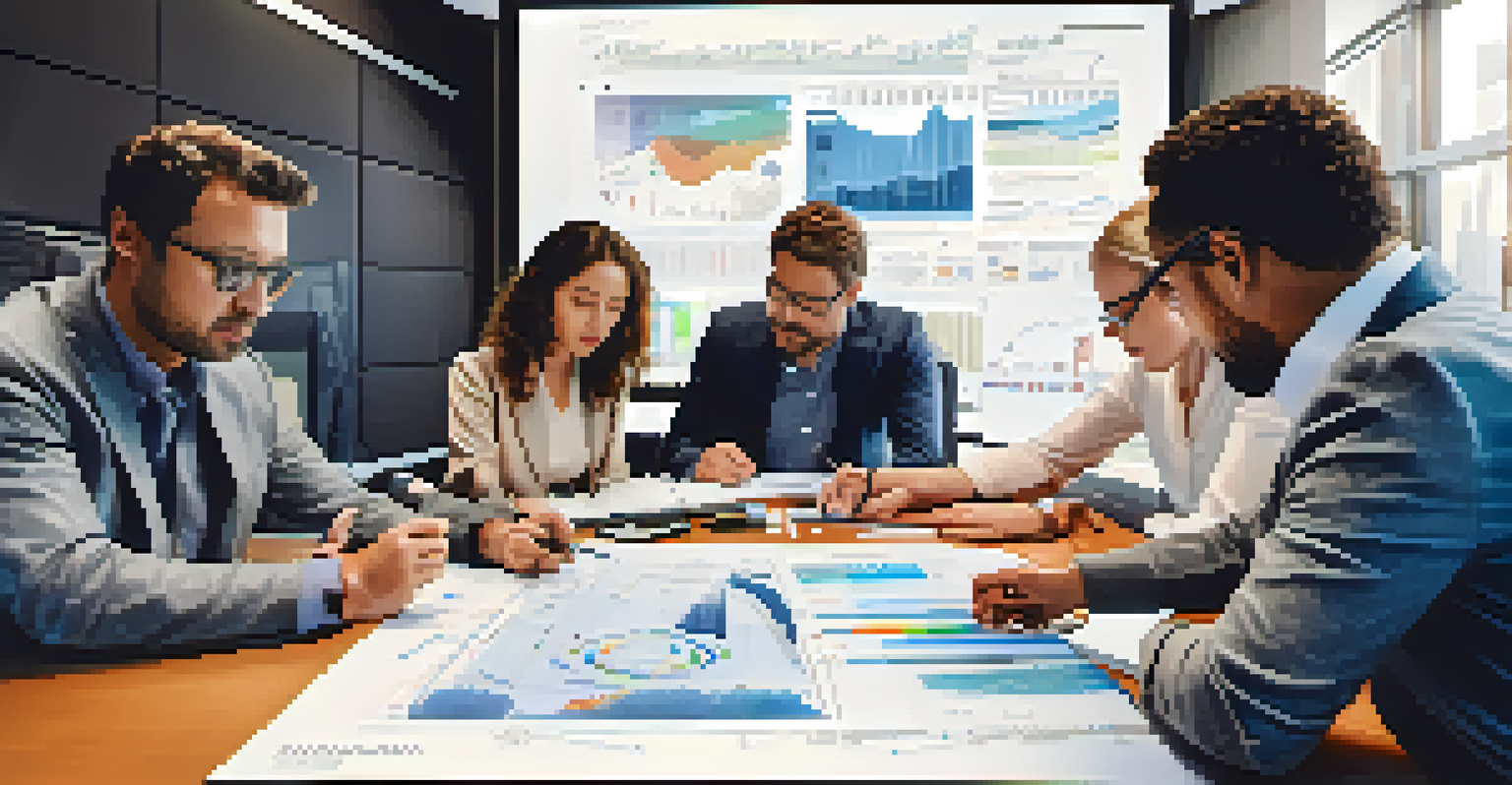 A group of diverse professionals collaborating over a screen filled with data charts and notes in a modern office setting.