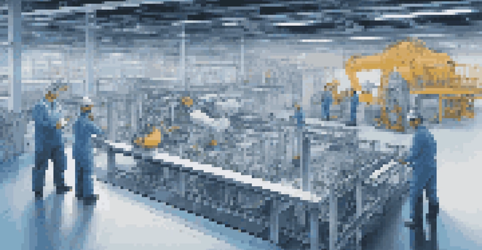 A modern manufacturing facility with engineers looking at a large screen displaying a digital twin model of machinery.