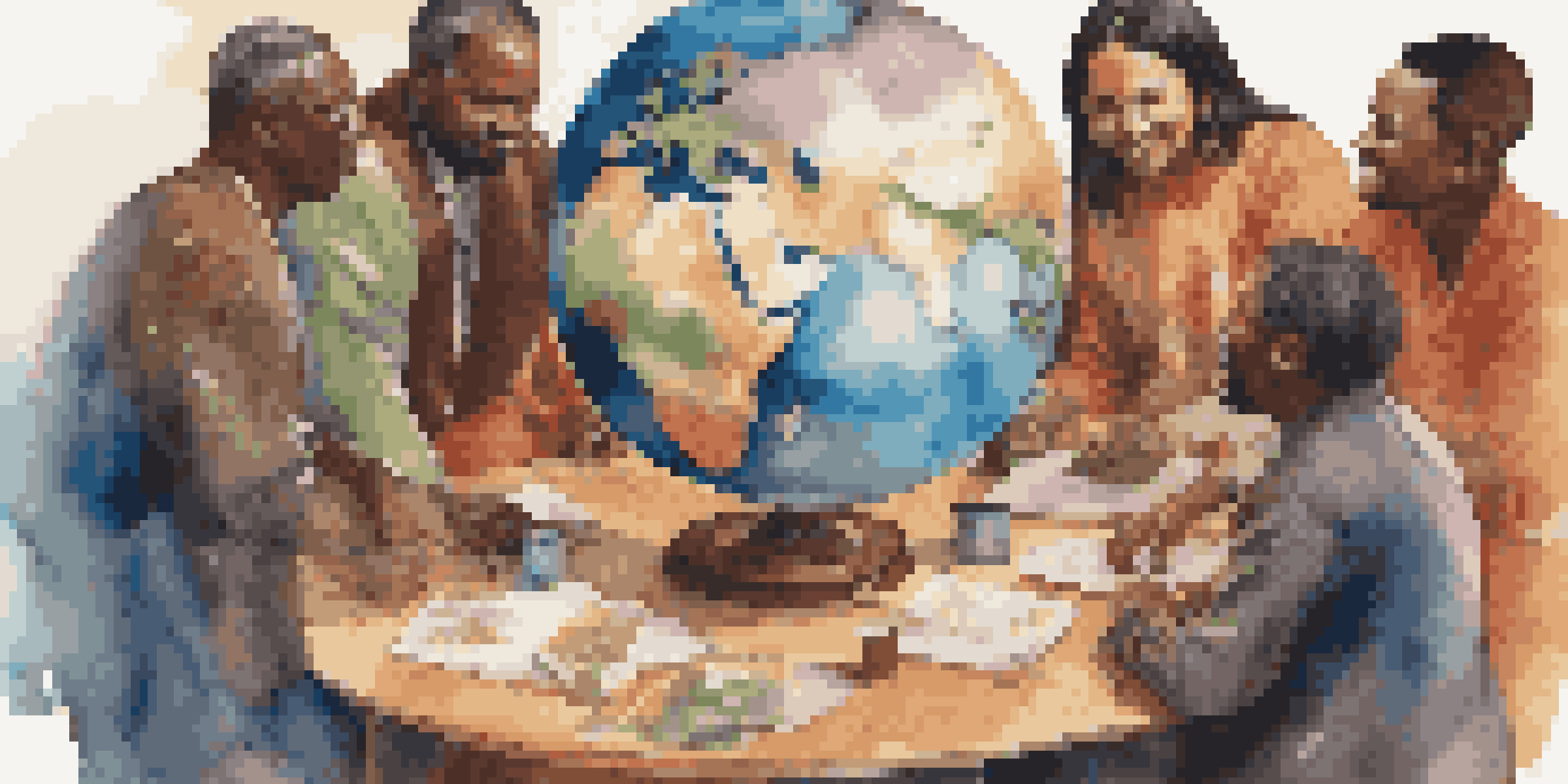 A diverse group of individuals in traditional attire gathered around a table with a globe, engaged in conversation, showcasing a spirit of collaboration and cultural exchange.