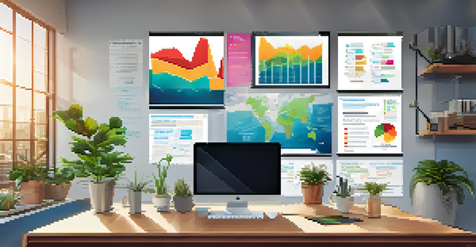 A modern office workspace featuring a laptop with graphs, natural light, plants, and motivational quotes.
