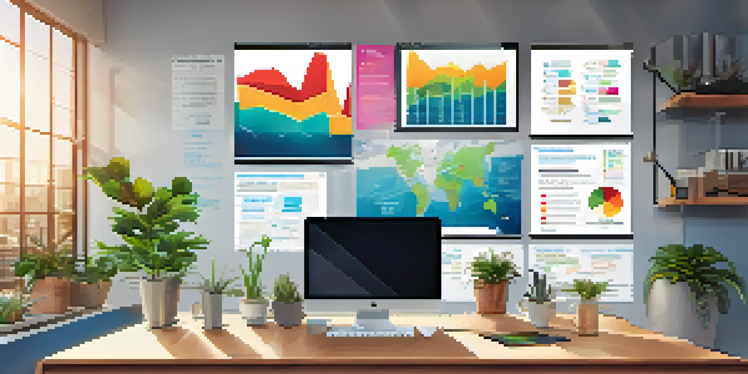 A modern office workspace featuring a laptop with graphs, natural light, plants, and motivational quotes.