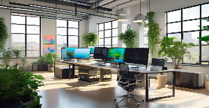 A bright modern office with computer screens showing colorful data visualizations and cloud analytics dashboards, featuring a green plant and a neatly organized desk.