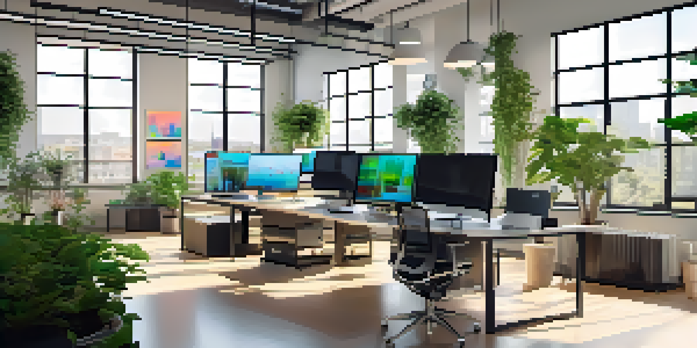 A bright modern office with computer screens showing colorful data visualizations and cloud analytics dashboards, featuring a green plant and a neatly organized desk.