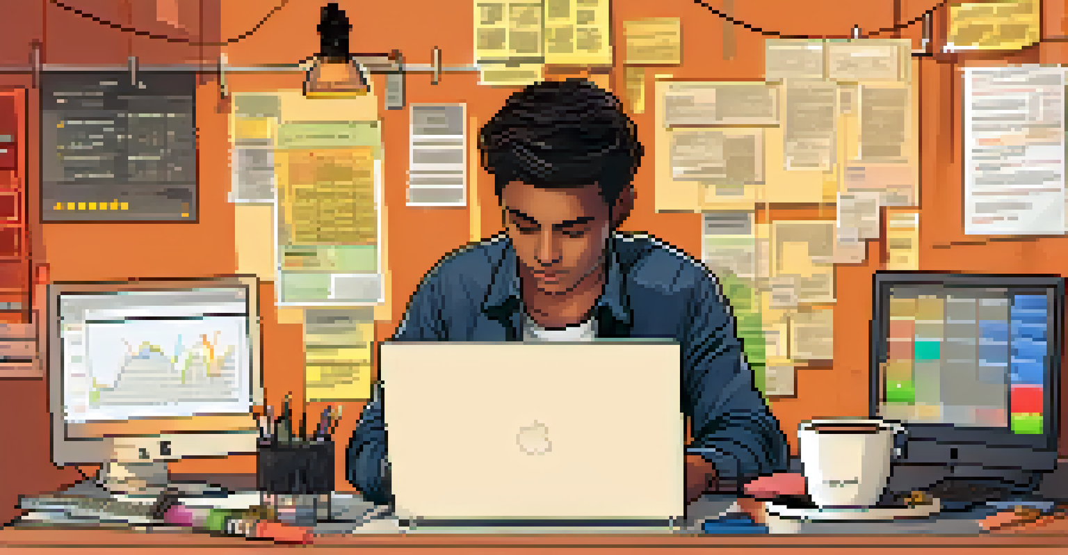 A developer working on a laptop surrounded by performance monitoring tools, with a cozy workspace.