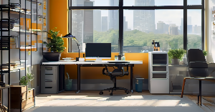 A bright office workspace with a computer showing an accessible website design, featuring large text and contrasting colors. A keyboard and mouse are present on the desk, along with a notepad and coffee cup, with light coming through a window.