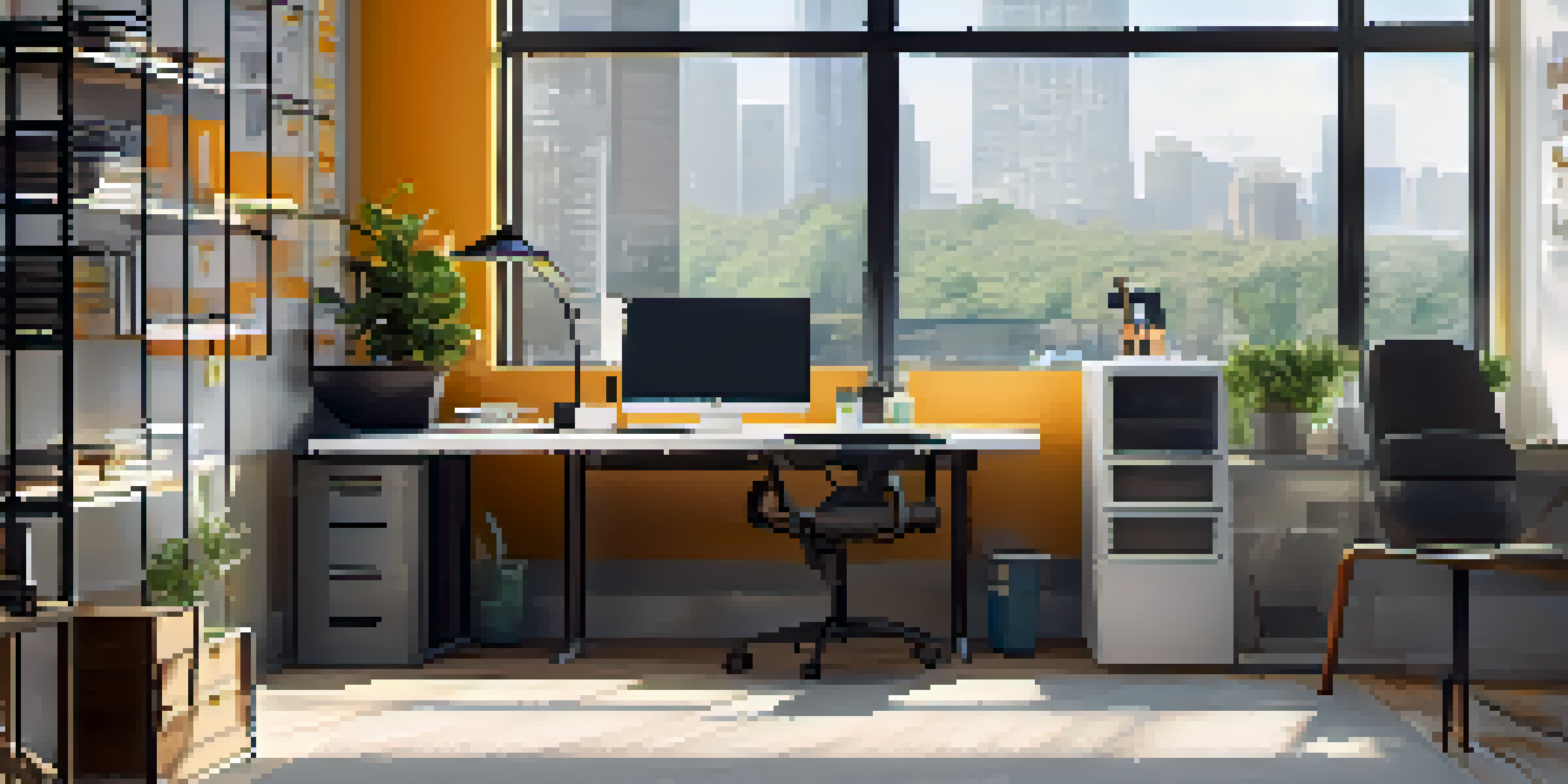 A bright office workspace with a computer showing an accessible website design, featuring large text and contrasting colors. A keyboard and mouse are present on the desk, along with a notepad and coffee cup, with light coming through a window.