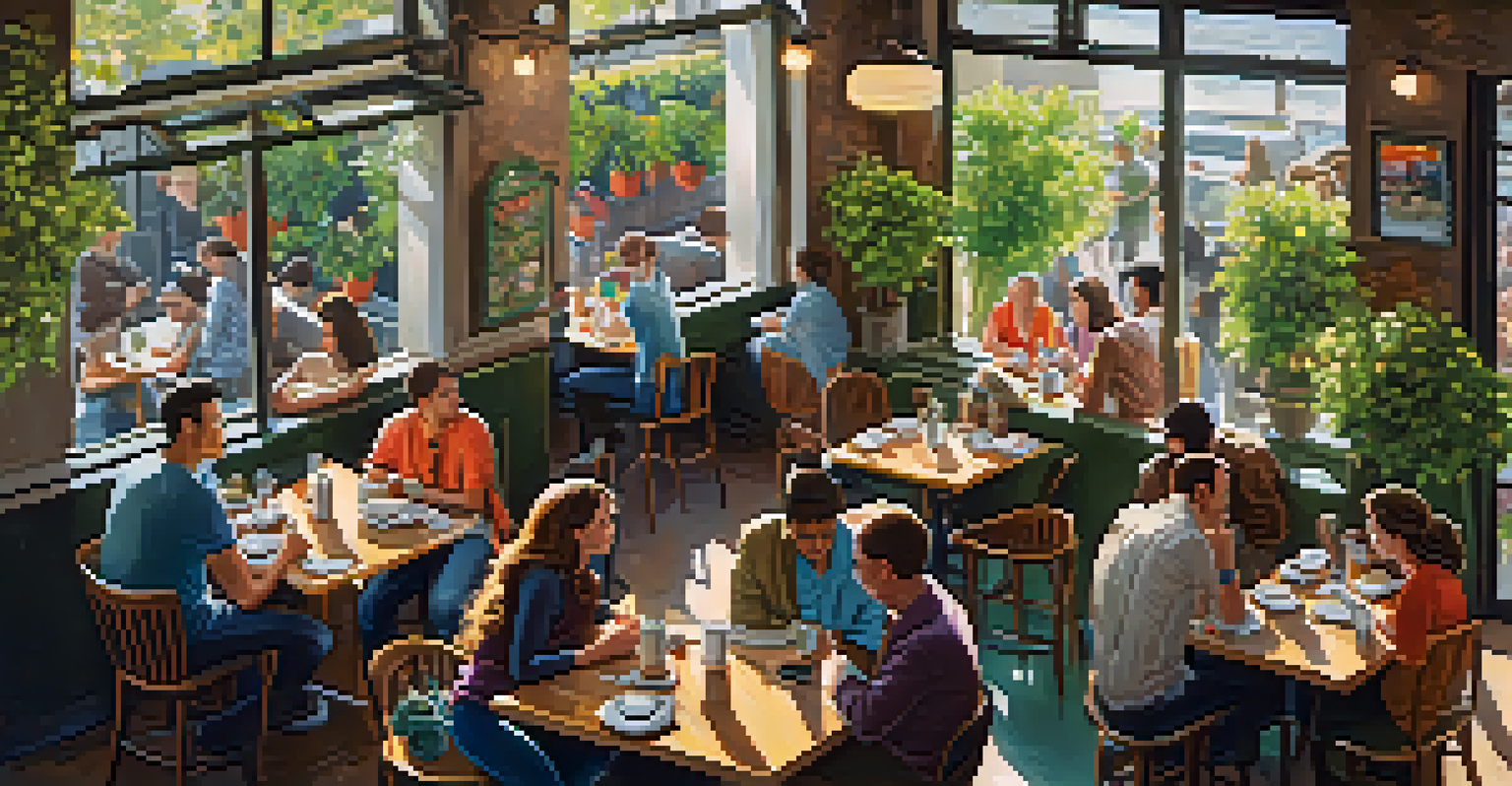 An overhead view of a bustling urban cafe filled with people, decorated with artwork and greenery, and sunlight streaming through windows.