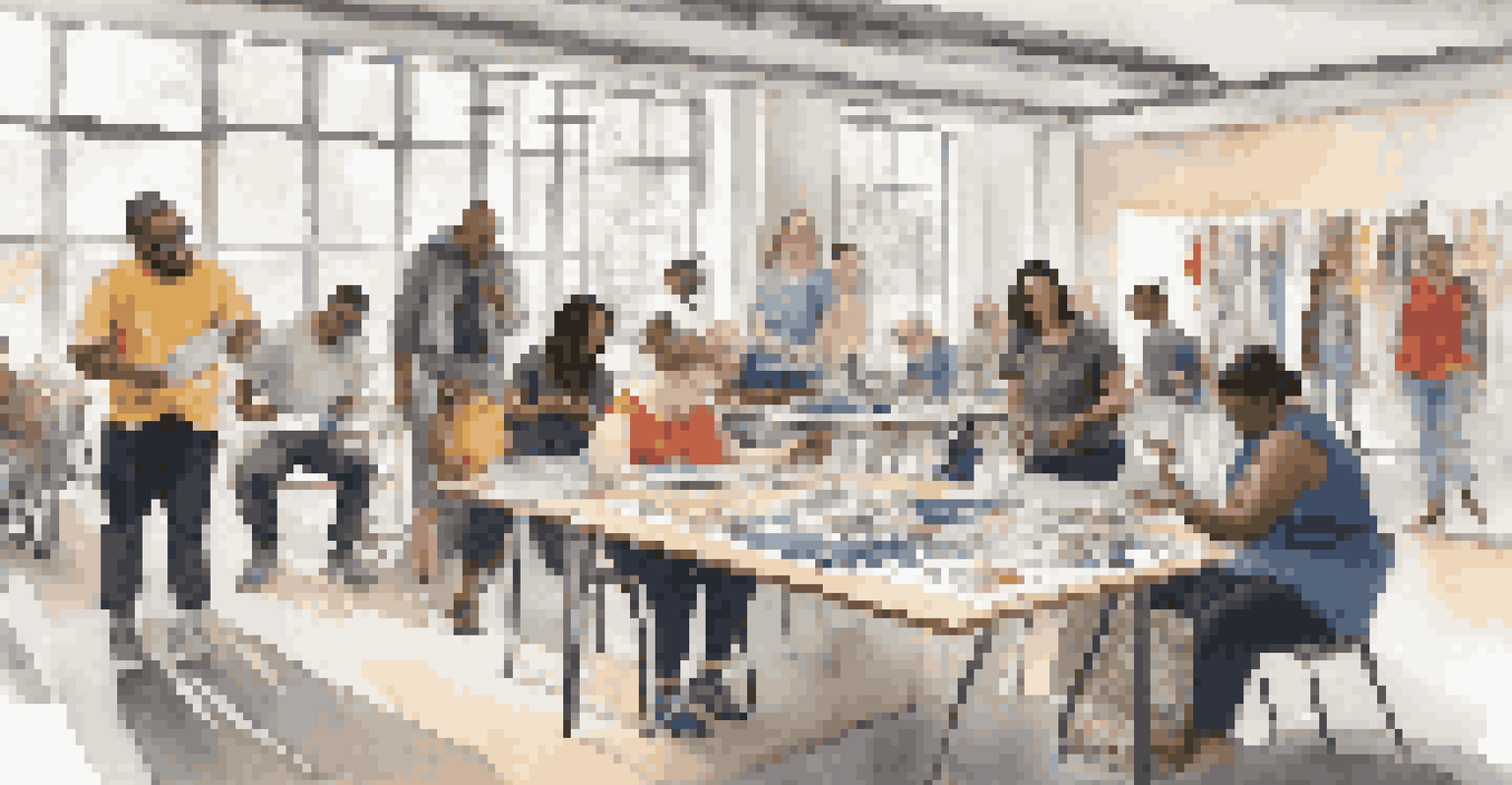 A workshop with individuals collaborating on adaptive fashion designs, surrounded by fabrics and clothing samples in a bright, creative space.