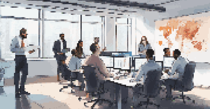 A diverse group of IT professionals collaborating on a cybersecurity incident response plan in a bright conference room.