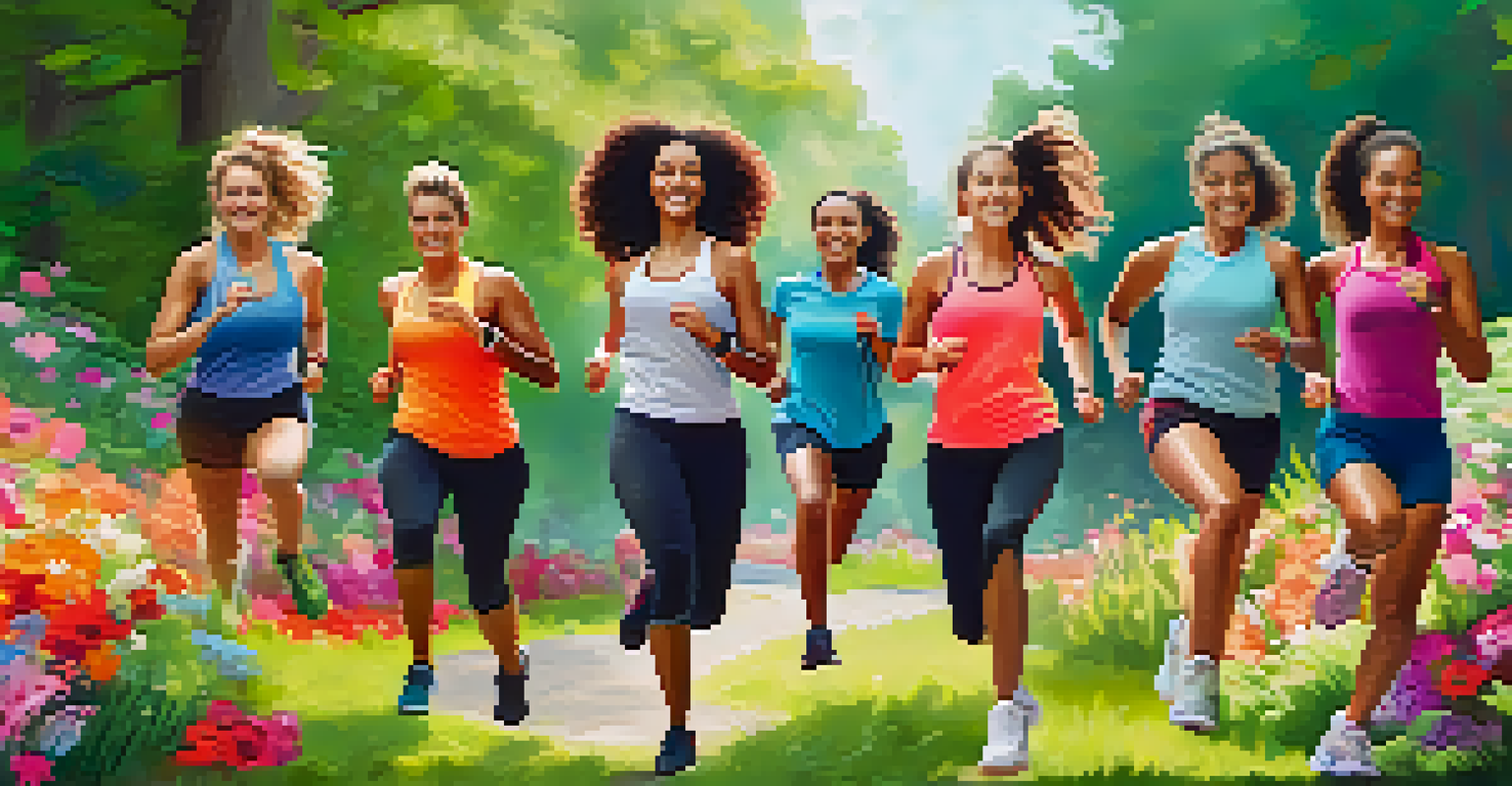 A group of friends outdoors with colorful smartwatches, engaging in a fitness challenge surrounded by greenery and flowers.