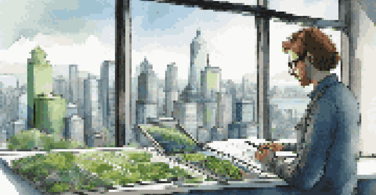 An urban planner analyzing a 3D city model on a digital tablet, with a bustling city skyline visible through a large window.