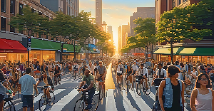 A lively urban street filled with people walking and biking, surrounded by modern buildings and smart traffic signals, under a sunset sky.