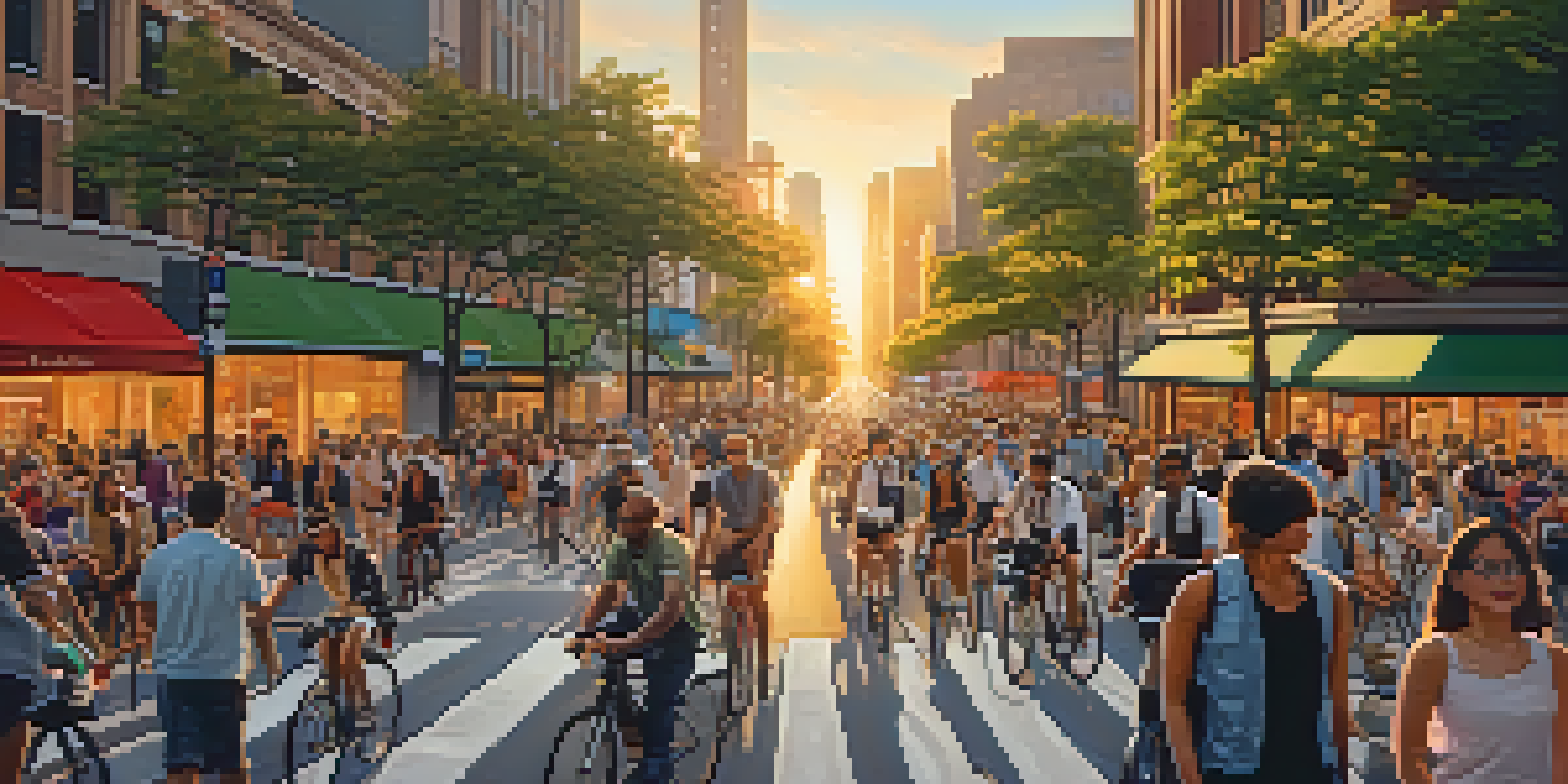 A lively urban street filled with people walking and biking, surrounded by modern buildings and smart traffic signals, under a sunset sky.