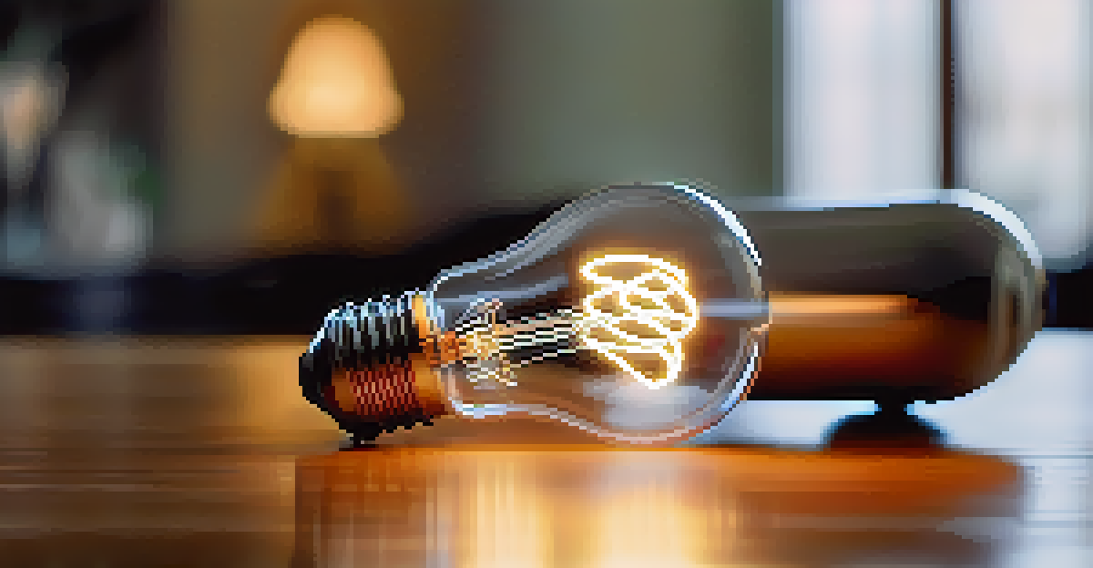 A close-up view of a glowing smart light bulb in various colors, with a blurred background emphasizing its design and warm light on a wooden table.