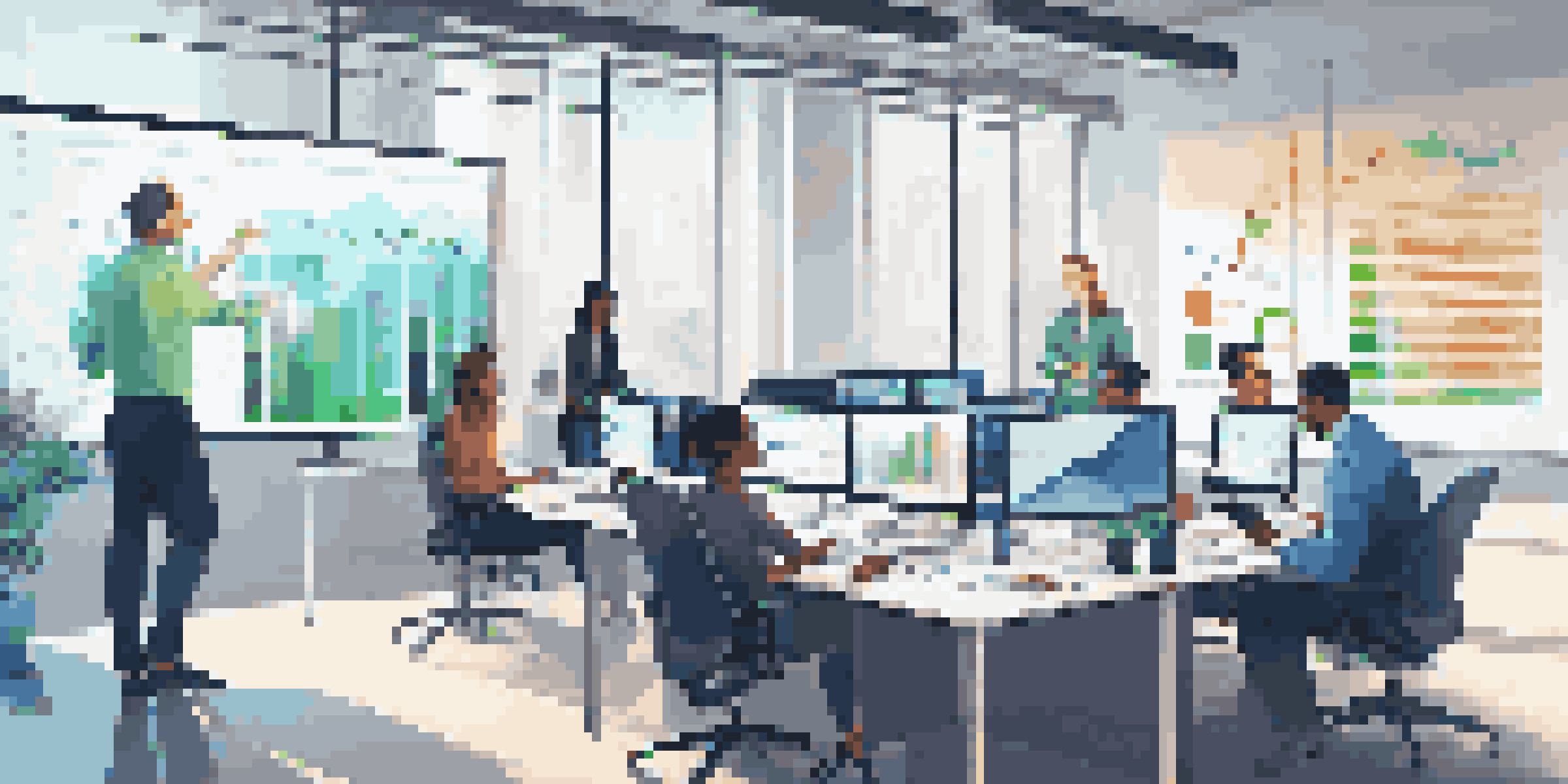 A diverse team of professionals in a modern office analyzing data on large screens with colorful graphs and charts, engaged in discussion.