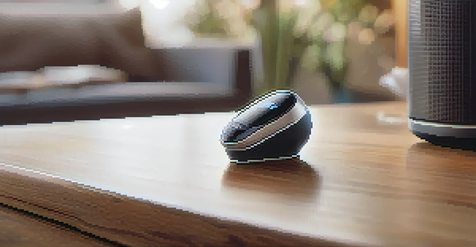 A close-up image of a Bluetooth hearing aid on a wooden table, with a blurred cozy living room in the background.