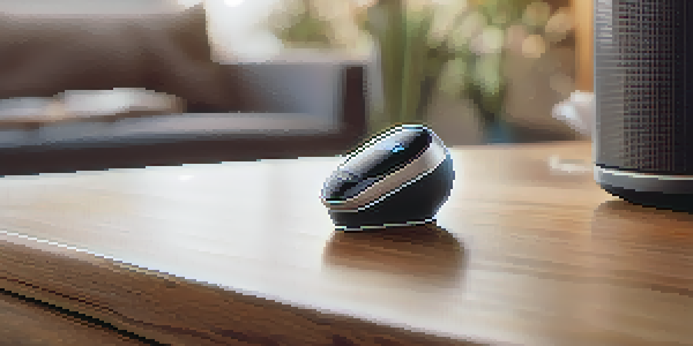 A close-up image of a Bluetooth hearing aid on a wooden table, with a blurred cozy living room in the background.