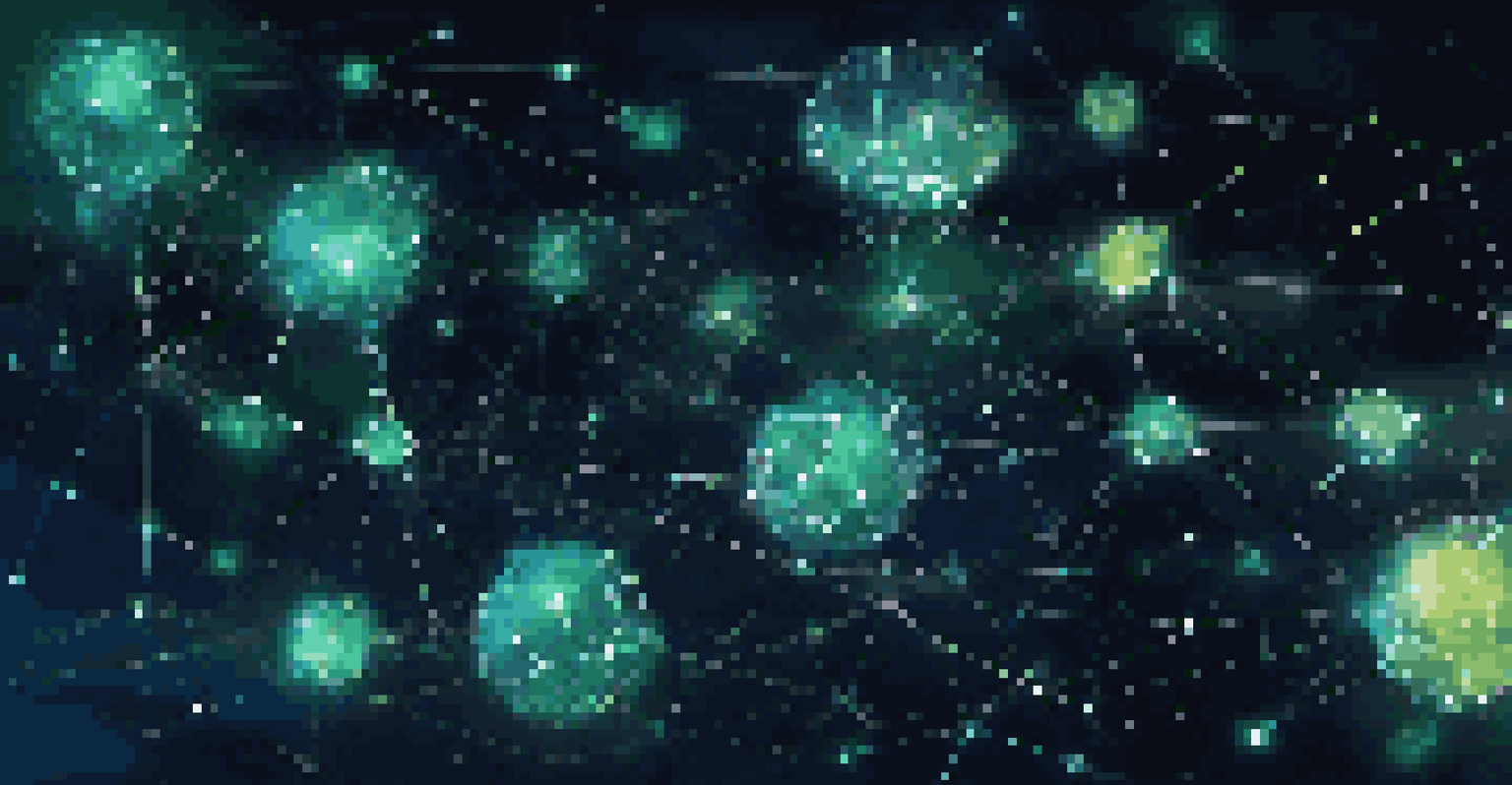 A visual of interconnected blockchain nodes represented as glowing orbs against a dark background, with bright lines linking them.
