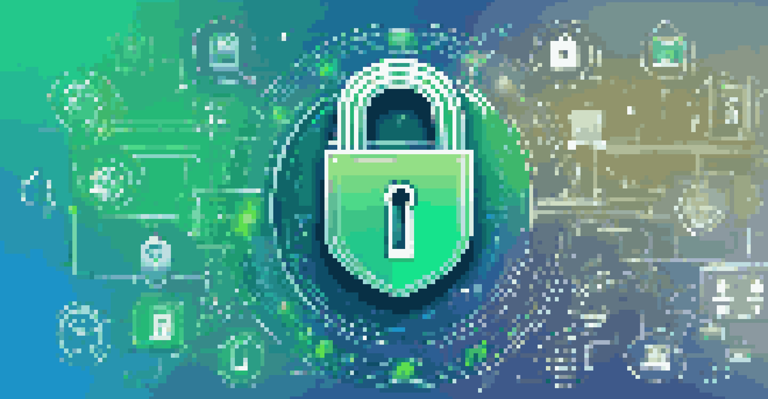 An abstract digital padlock symbolizing cloud security compliance, surrounded by regulatory icons on a blue-green gradient background.