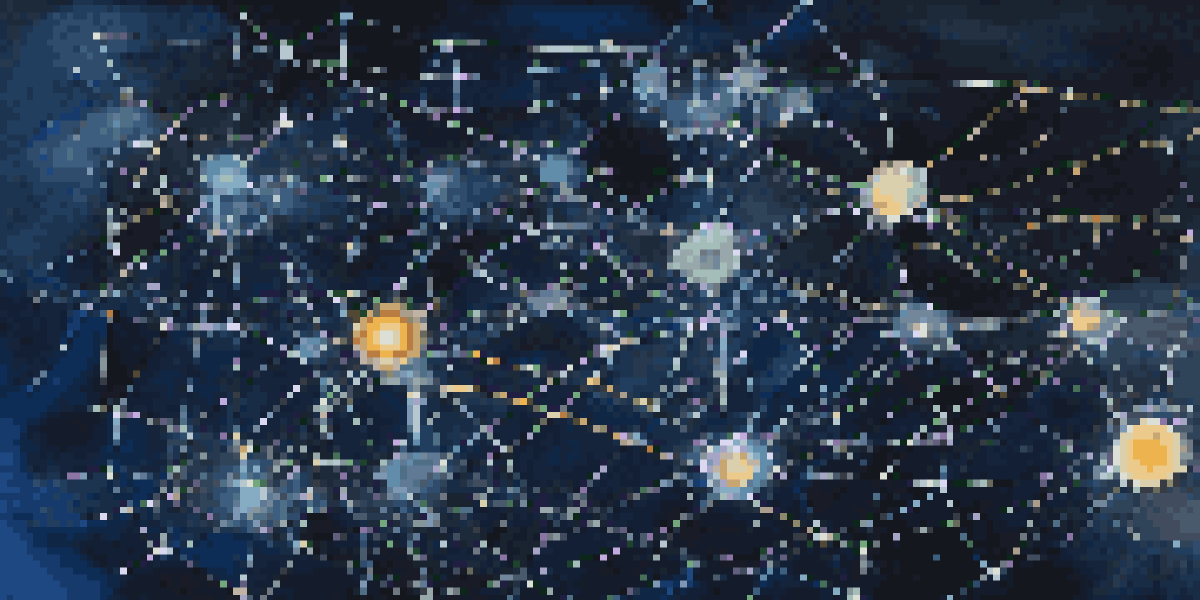 A detailed illustration of a neural network with interconnected nodes and glowing connections on a dark blue background.