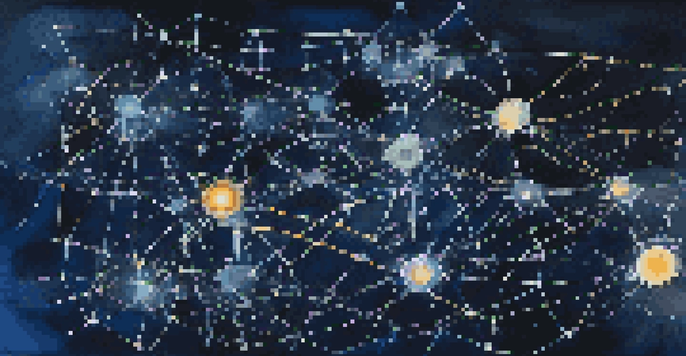 A detailed illustration of a neural network with interconnected nodes and glowing connections on a dark blue background.