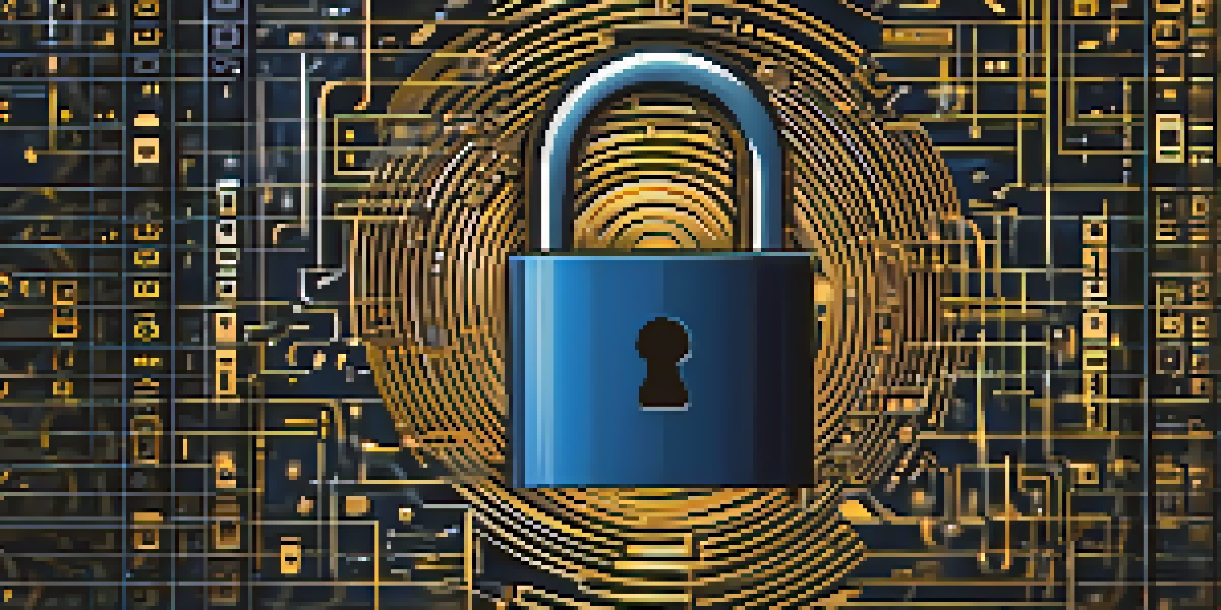 Close-up of a digital lock surrounded by binary code on a blue and black gradient background.