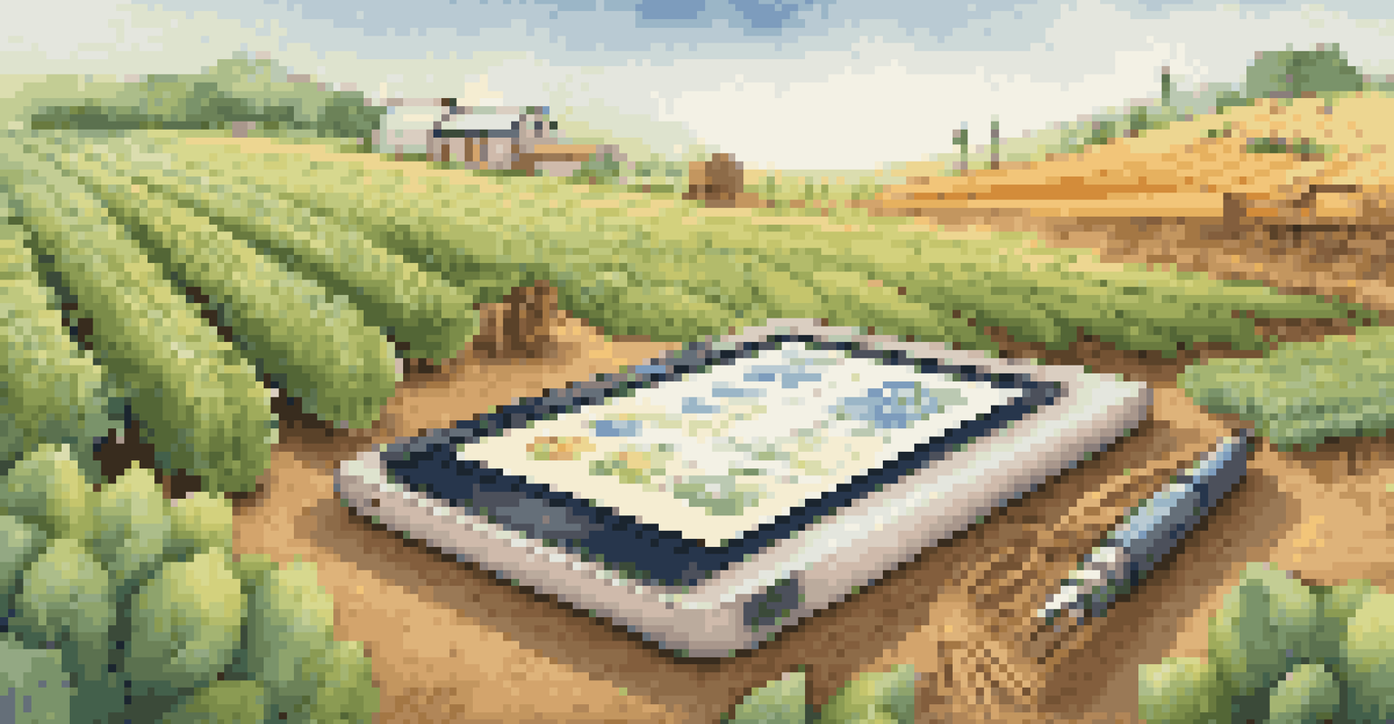 A smart contract displayed on a digital device with agricultural elements surrounding it, blending technology with nature.
