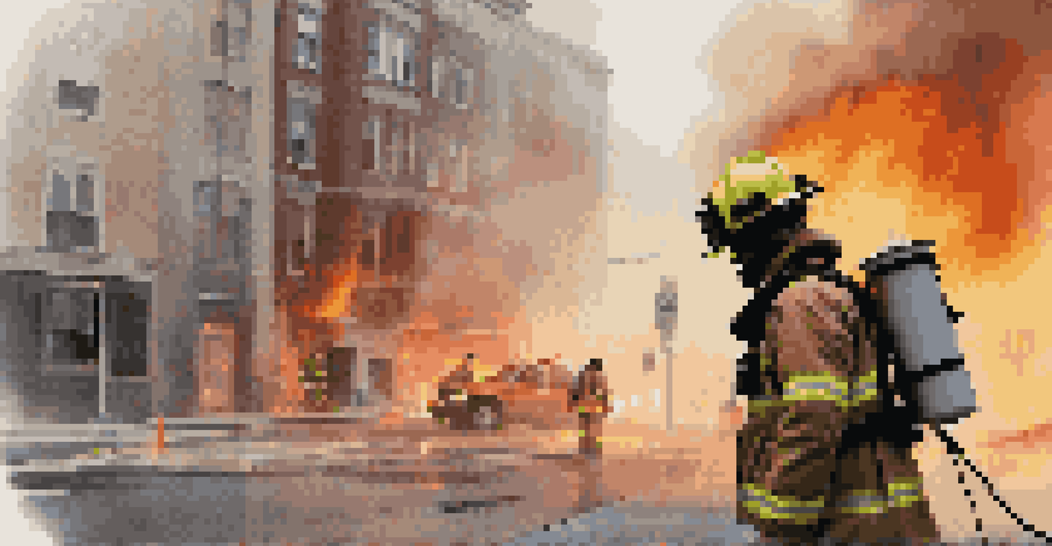 A firefighter wearing augmented reality goggles, with a holographic display showing building layouts and hydrant locations amidst a smoky scene.