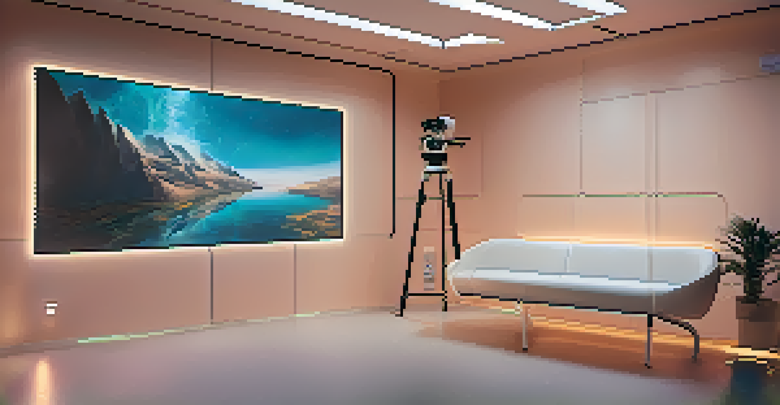 A modern therapy room featuring advanced VR technology, ambient lighting, and comfortable seating, designed for immersive therapy sessions.