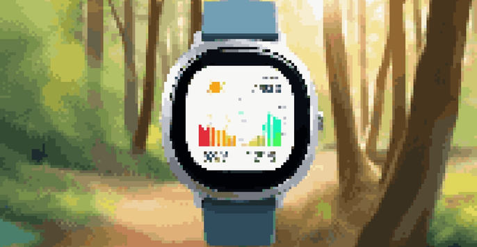 A close-up of a modern smartwatch showing health metrics, with a nature trail blurred in the background and sunlight filtering through trees.