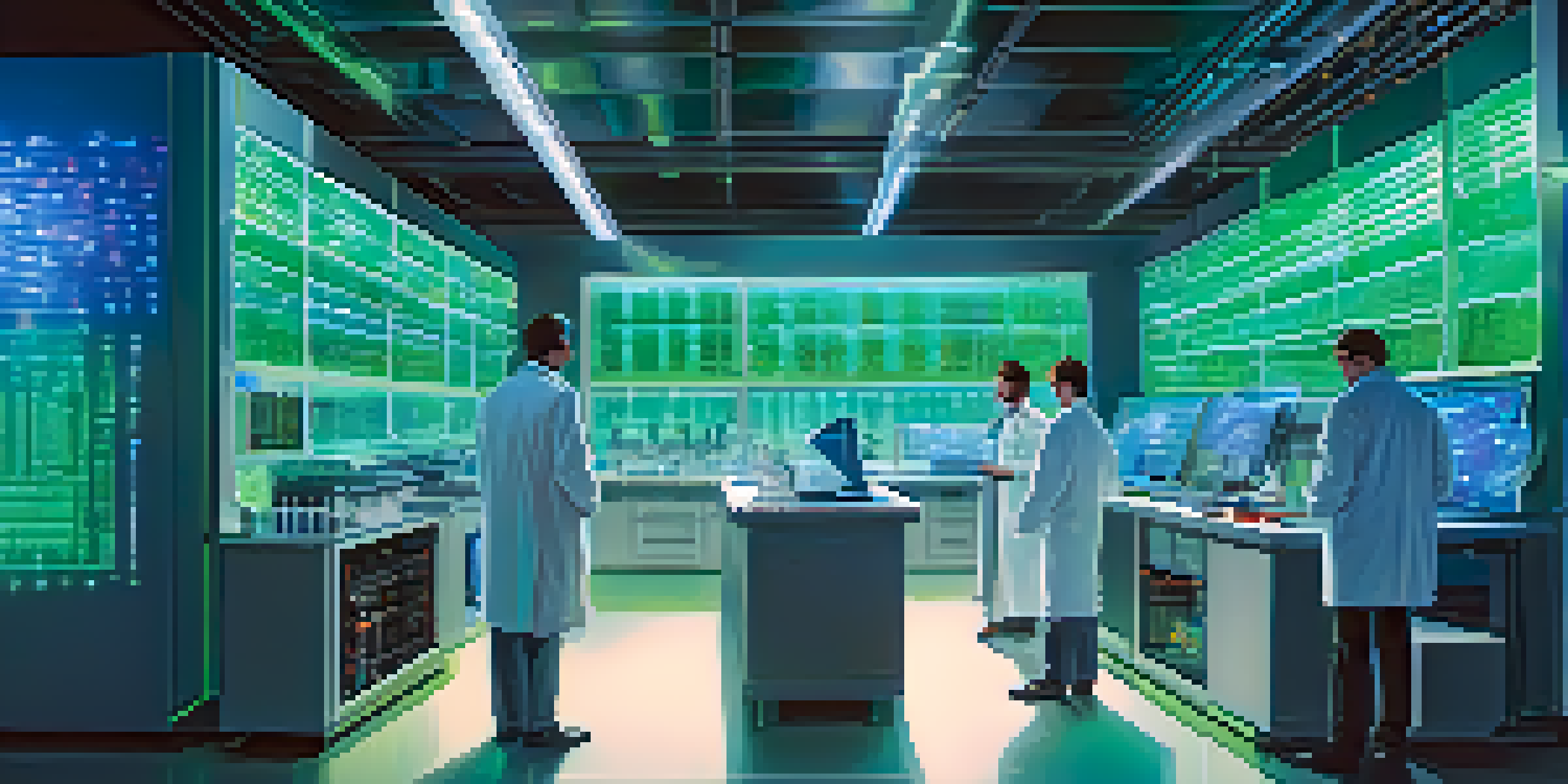 A modern laboratory with advanced quantum computing equipment and scientists discussing over holographic displays of quantum particles.