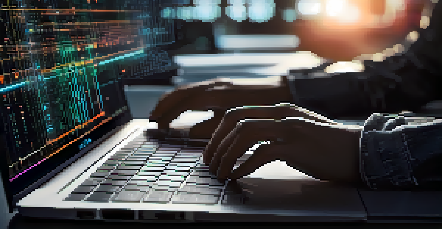 A close-up view of hands typing on a laptop with a glowing screen showing a CI/CD diagram in a modern workspace.