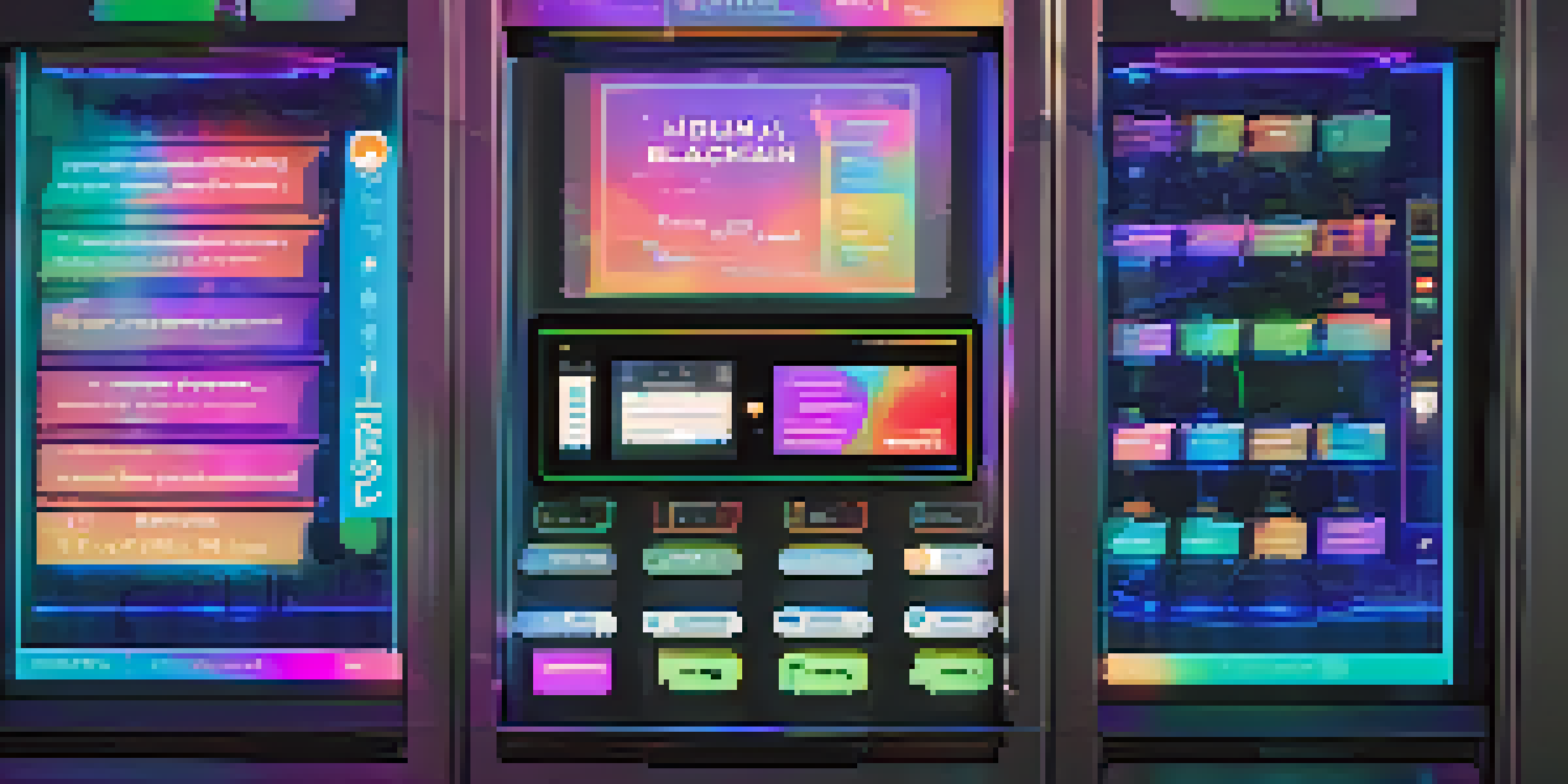 A digital vending machine showing a smart contract interface with colorful code snippets, set against a glowing blockchain network background.