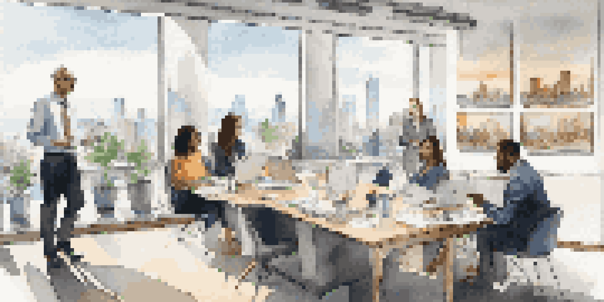 A diverse group of professionals having a collaborative meeting in a bright office with a city skyline view.